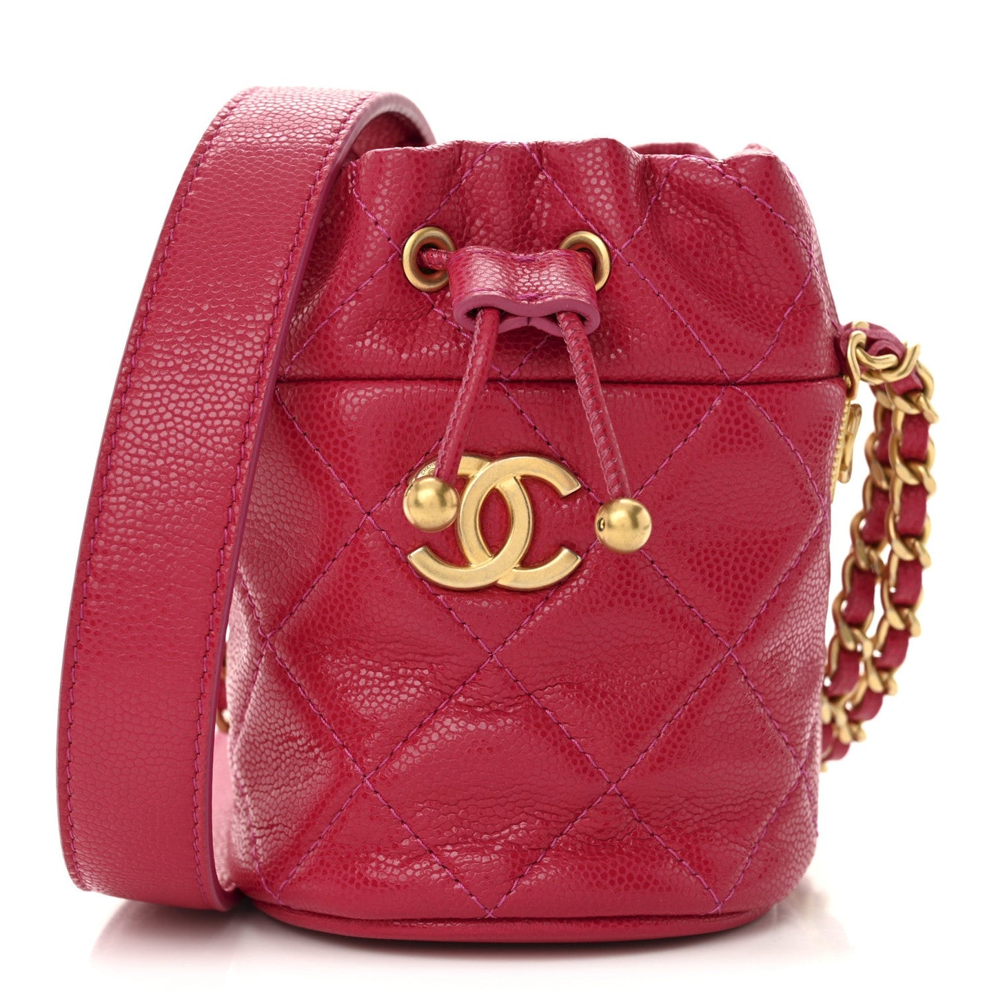 Caviar Quilted Twist Your Buttons Mini Bucket Bag Fuchsia
