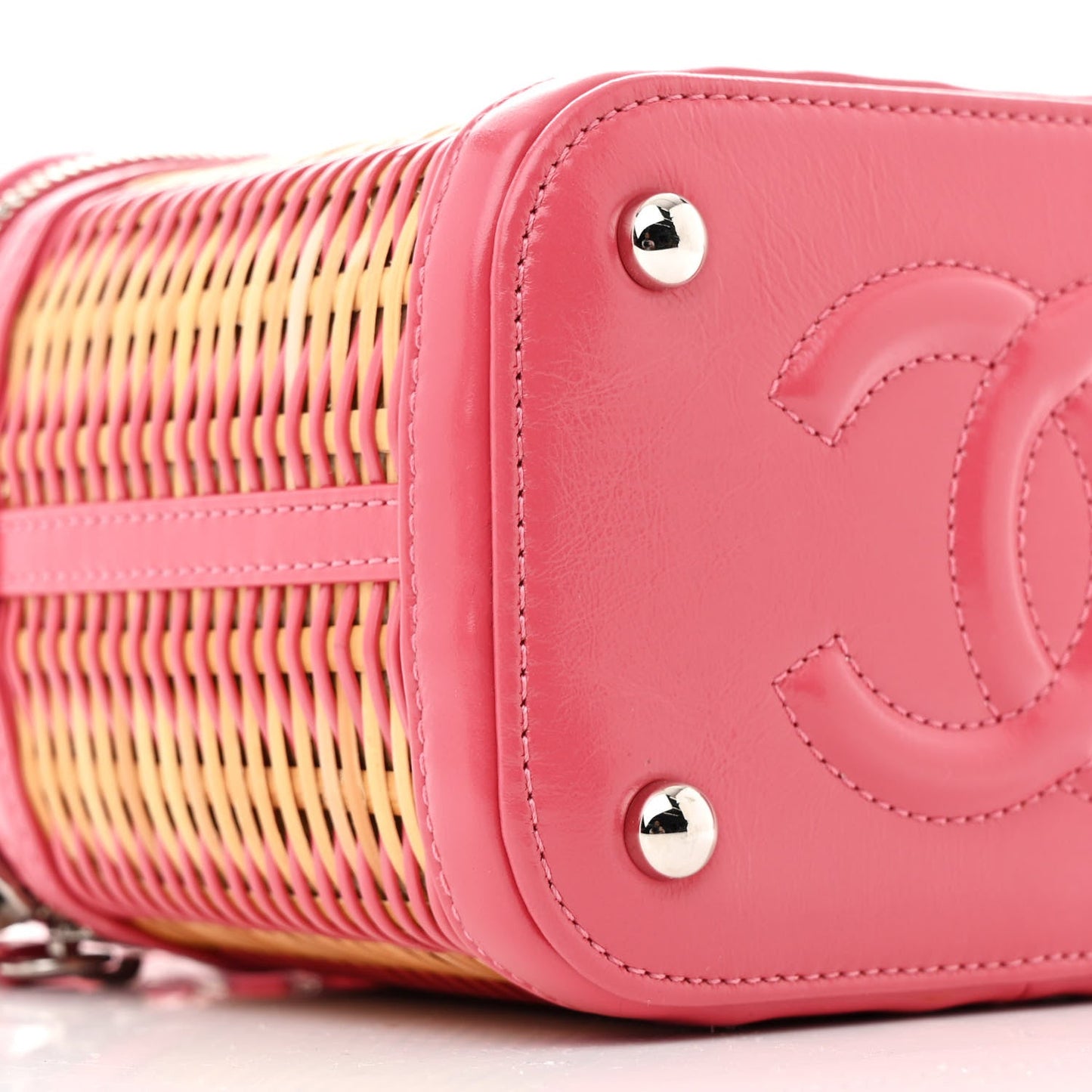 Calfskin Raffia Small Take Away Vanity Case Bag Pink Beige