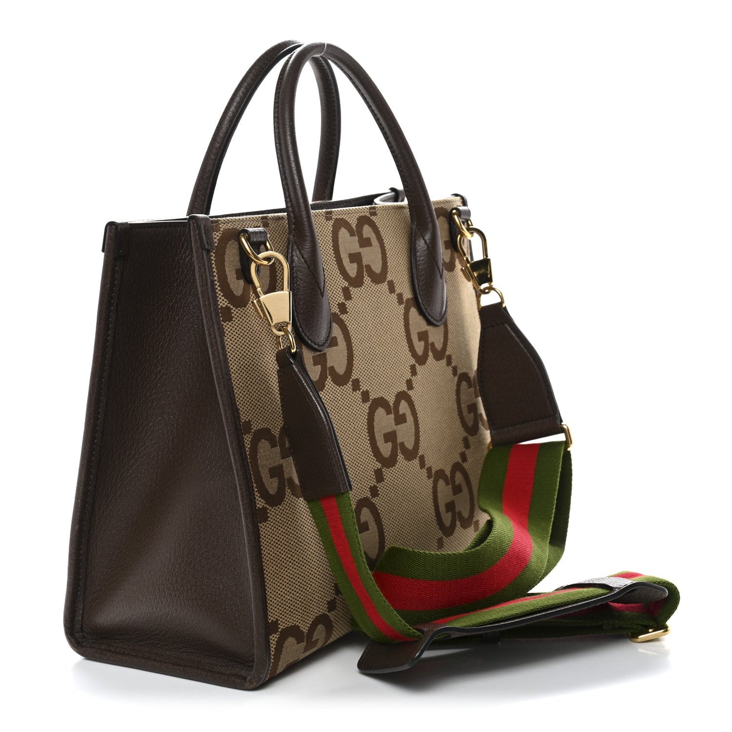 Monogram Jumbo GG Textured Dollar Calfskin Web Small Tote Bag Camel Ebony New Acero