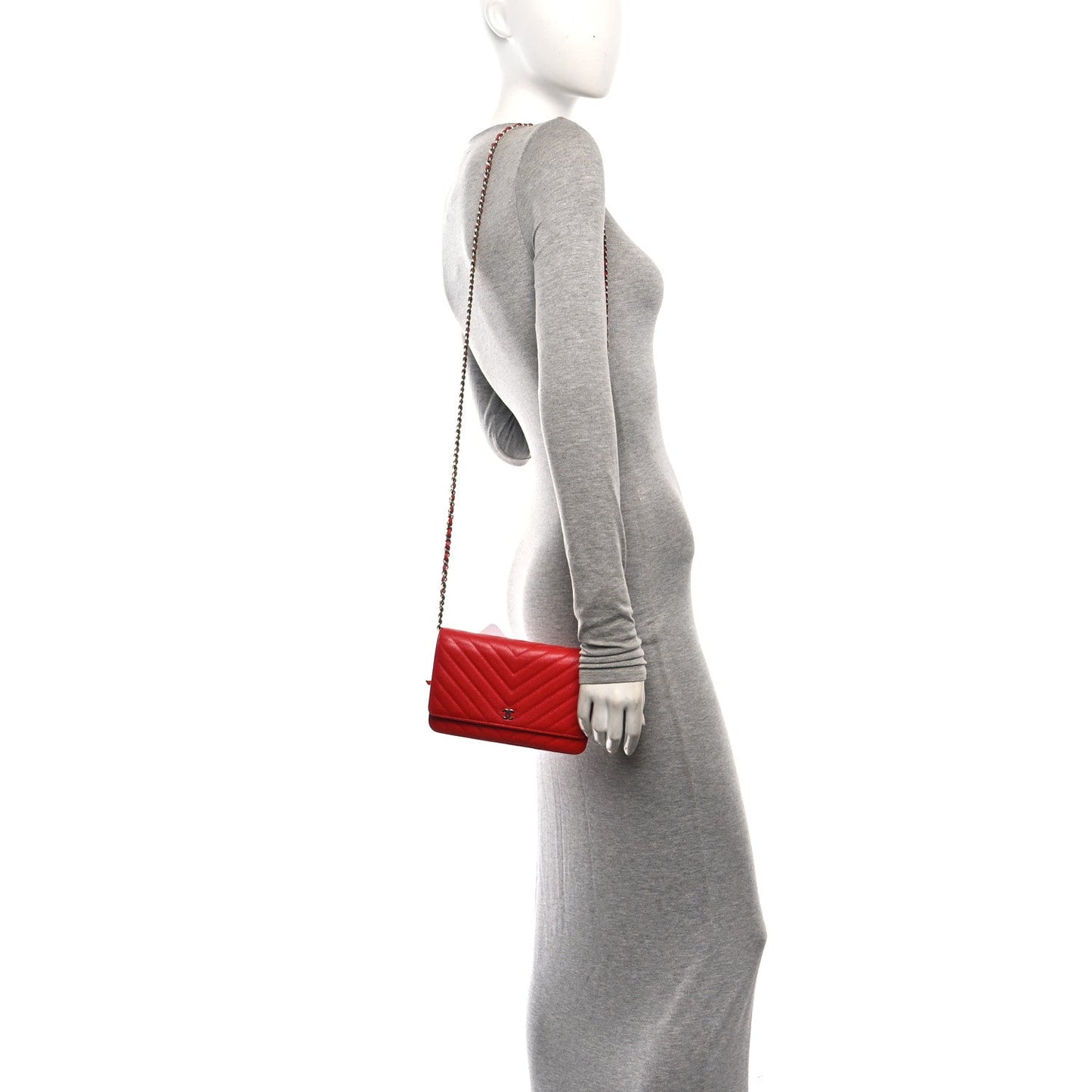 Caviar Chevron Quilted Wallet On Chain WOC Red