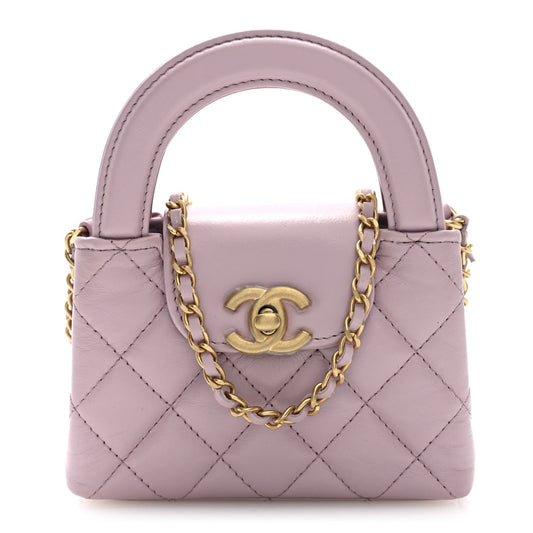 Shiny Aged Calfskin Quilted Mini Nano Kelly Shopper Light Pink