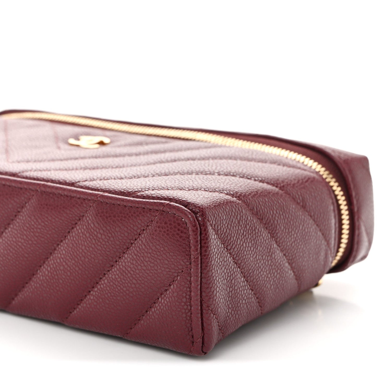 Caviar Chevron Quilted Top Handle Slim Vanity With Chain Burgundy