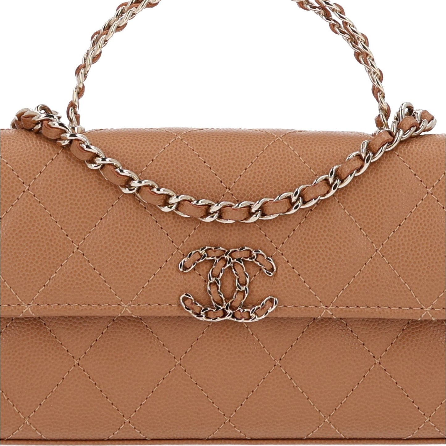 Caviar Quilted Chain Match Top Handle Phone Holder With Chain Beige