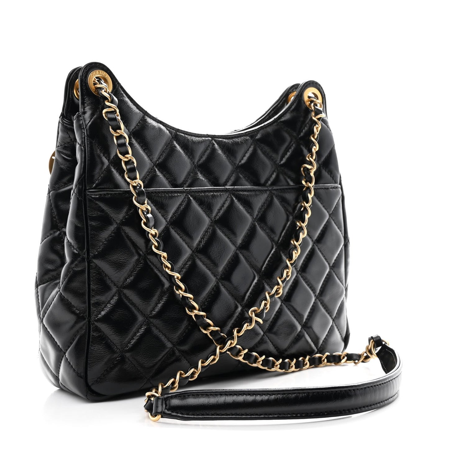 Shiny Crumpled Calfskin Quilted Wavy CC Hobo Black