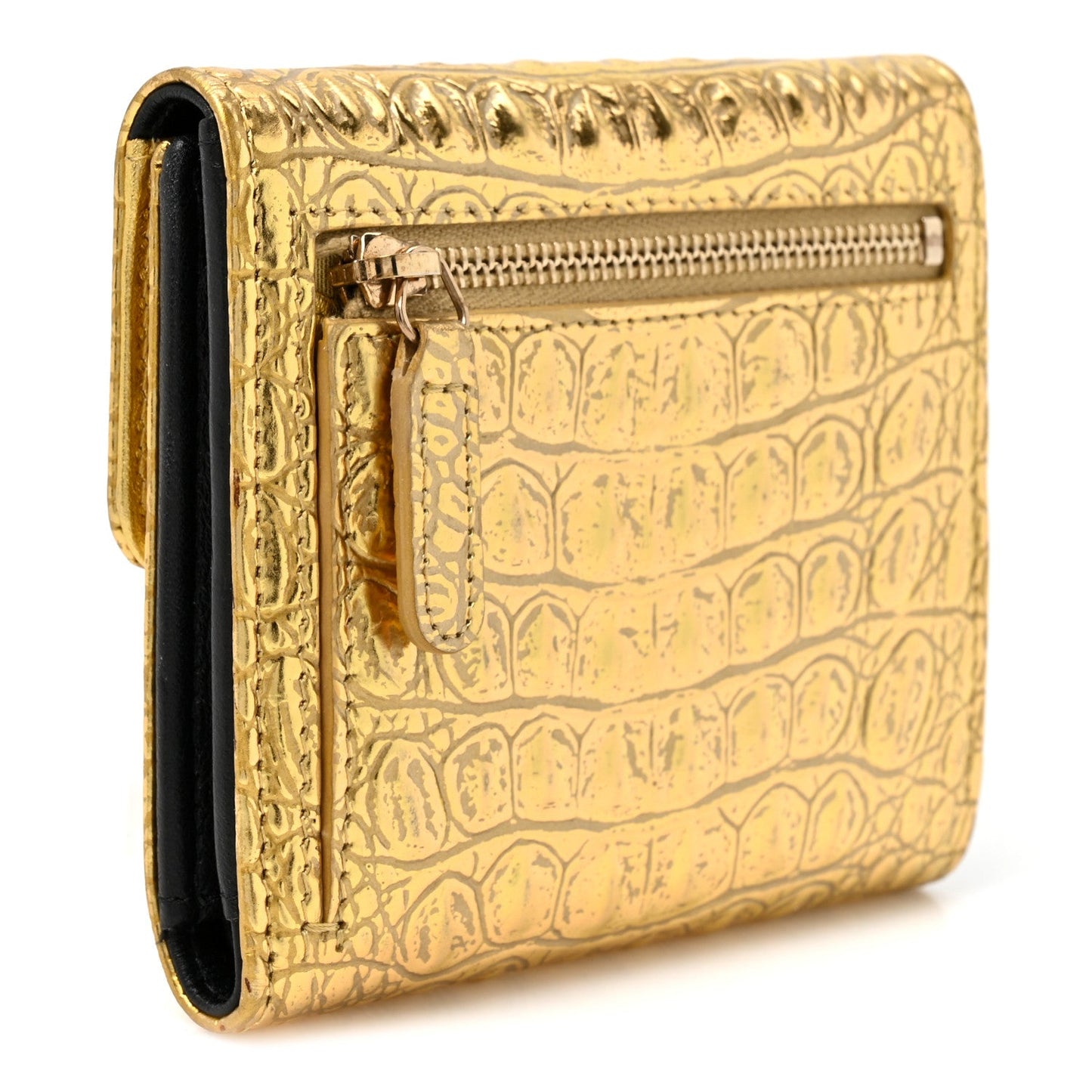 Metallic Calfskin Crocodile Embossed Cocodile Compact Flap Wallet  Gold