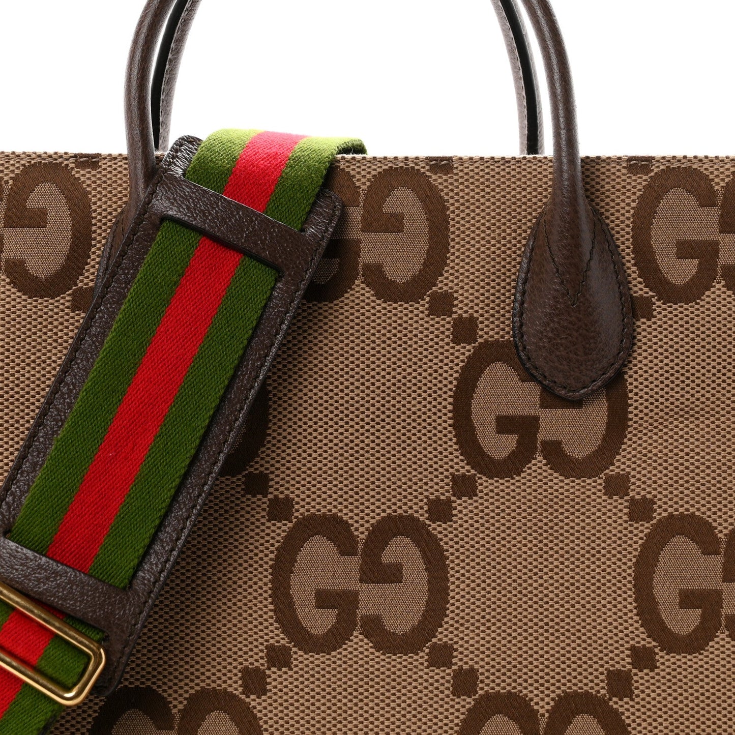 Monogram Jumbo GG Textured Dollar Calfskin Web Tote Bag Camel Ebony New Acero