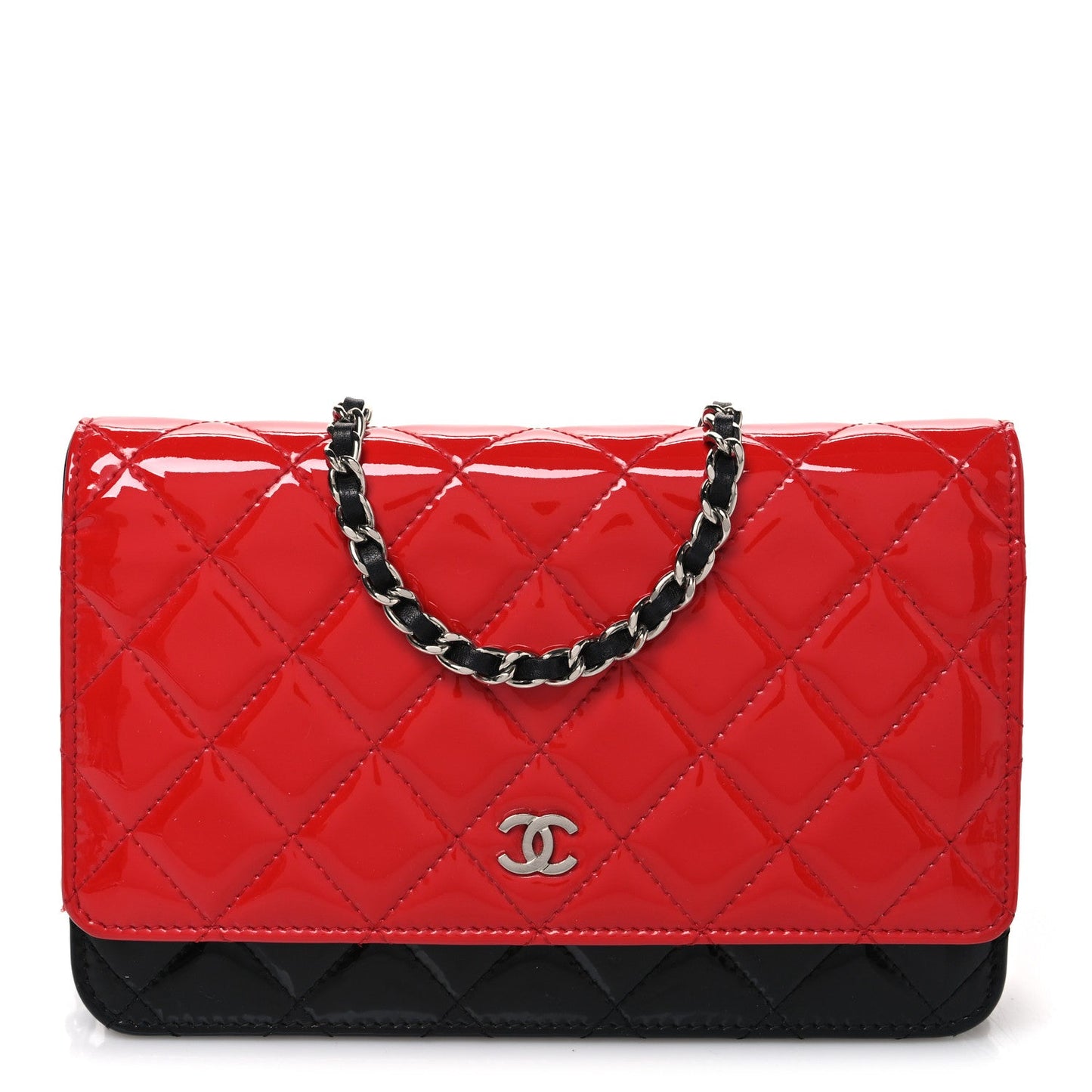 Patent Quilted Bi-Color Wallet On Chain WOC Red Black