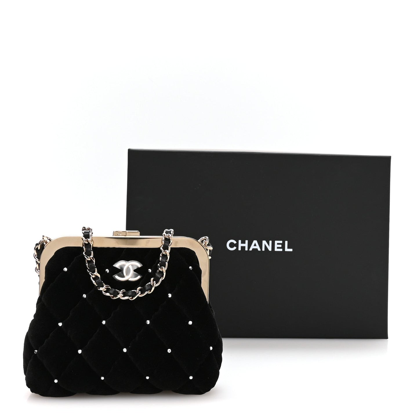 Velvet Diamante Quilted Kiss Lock Clutch Black