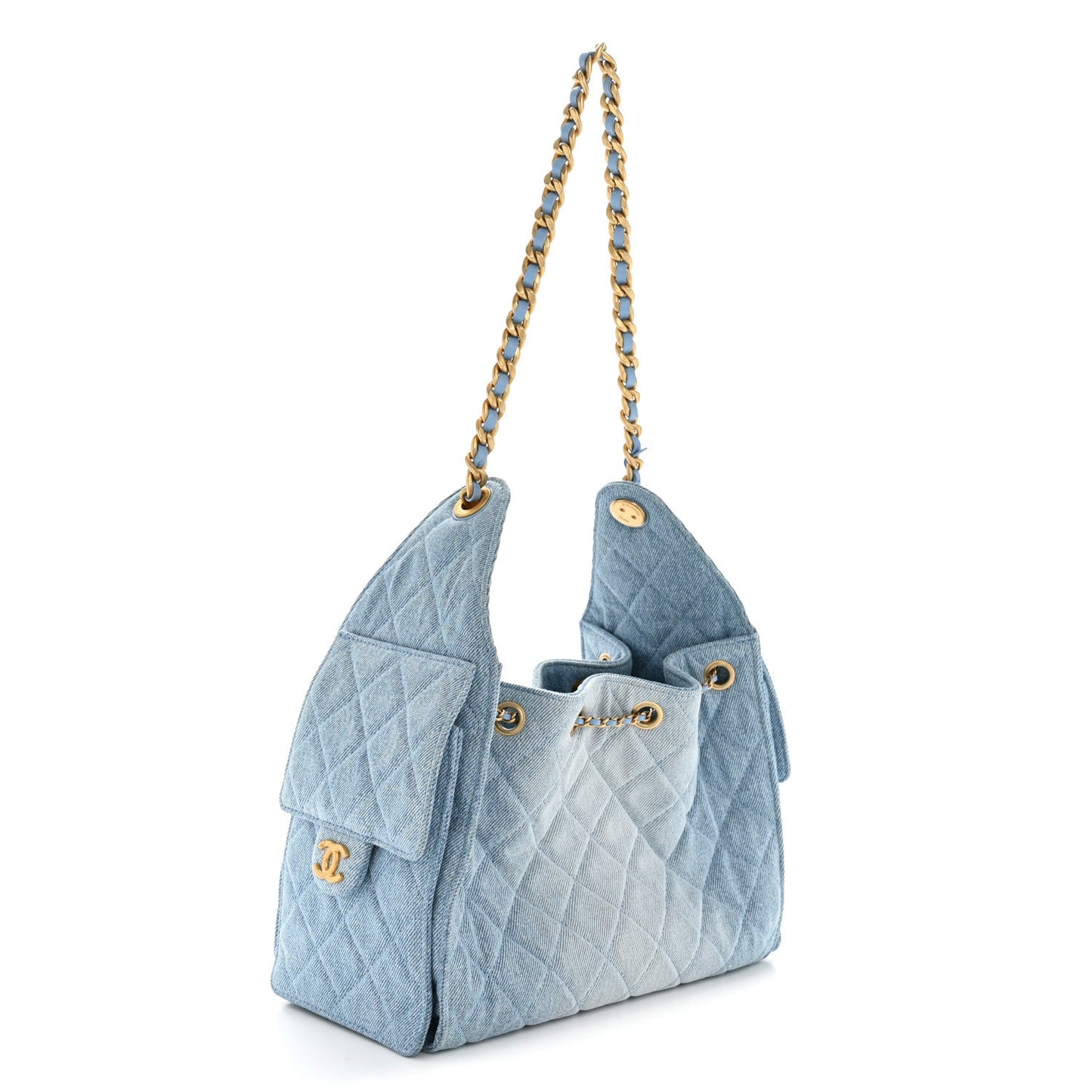 Washed Denim Quilted Small Chanel 25 Handbag Blue