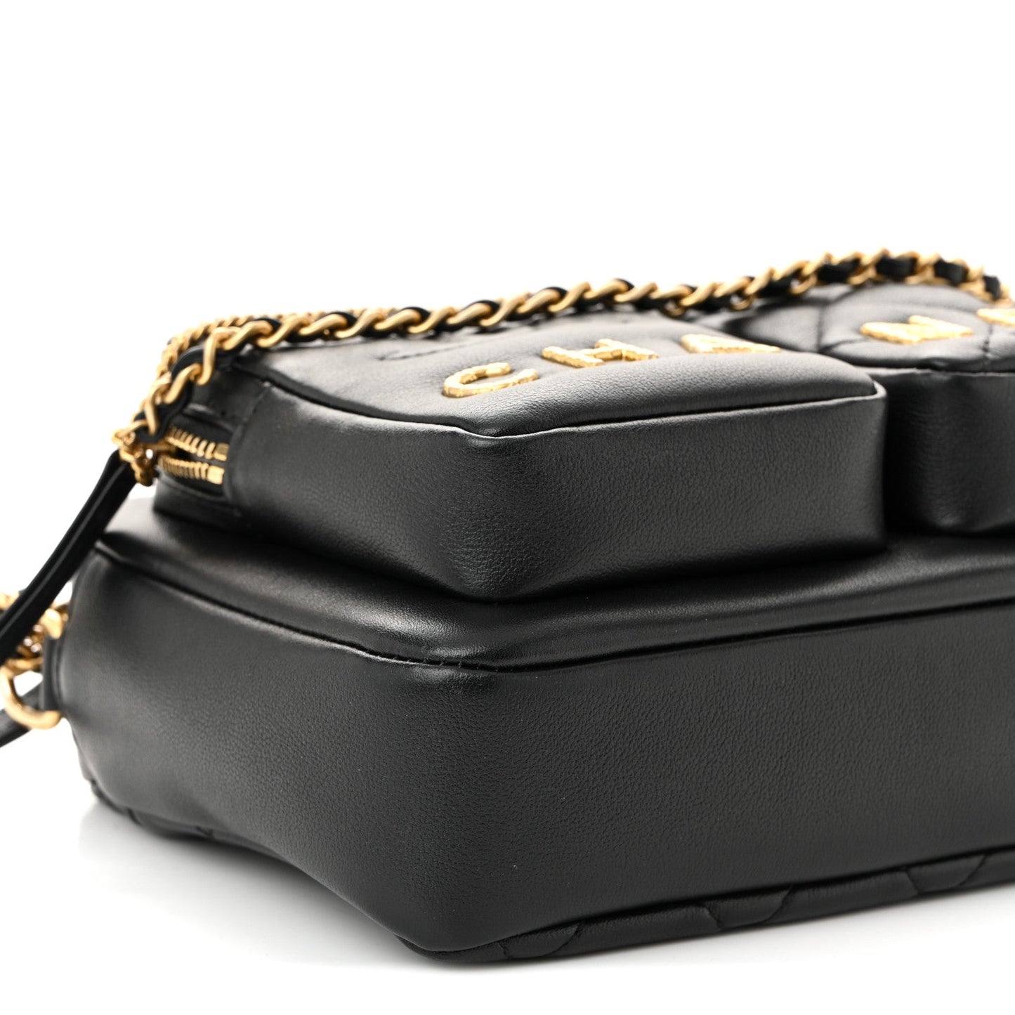 Calfskin Quilted Small Camera Case Black
