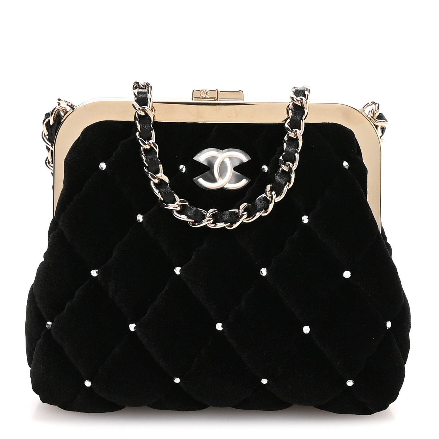 Velvet Diamante Quilted Kiss Lock Clutch Black
