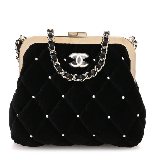 Velvet Diamante Quilted Kiss Lock Clutch Black