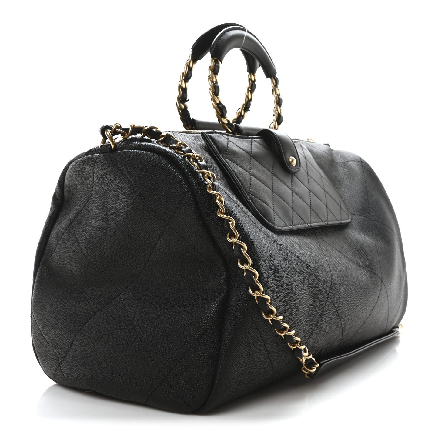 Grained Calfskin Lambskin Quilted Large Bowling Bag Black