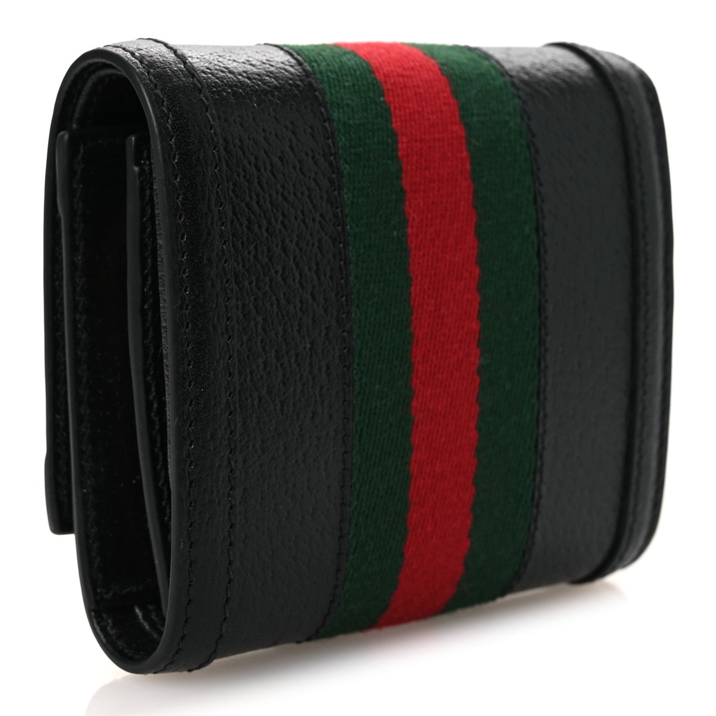 Textured Dollar Calfskin Web Ophidia Card Case Wallet Black