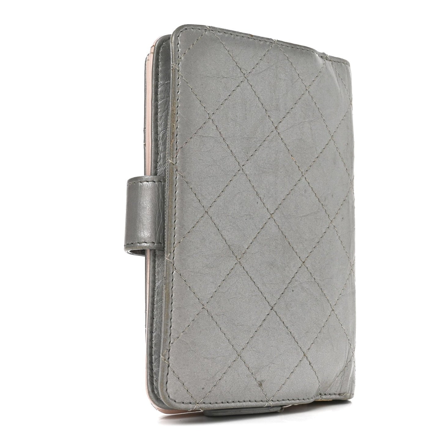 Metallic Aged Calfskin Quilted Palette Flap Wallet Silver