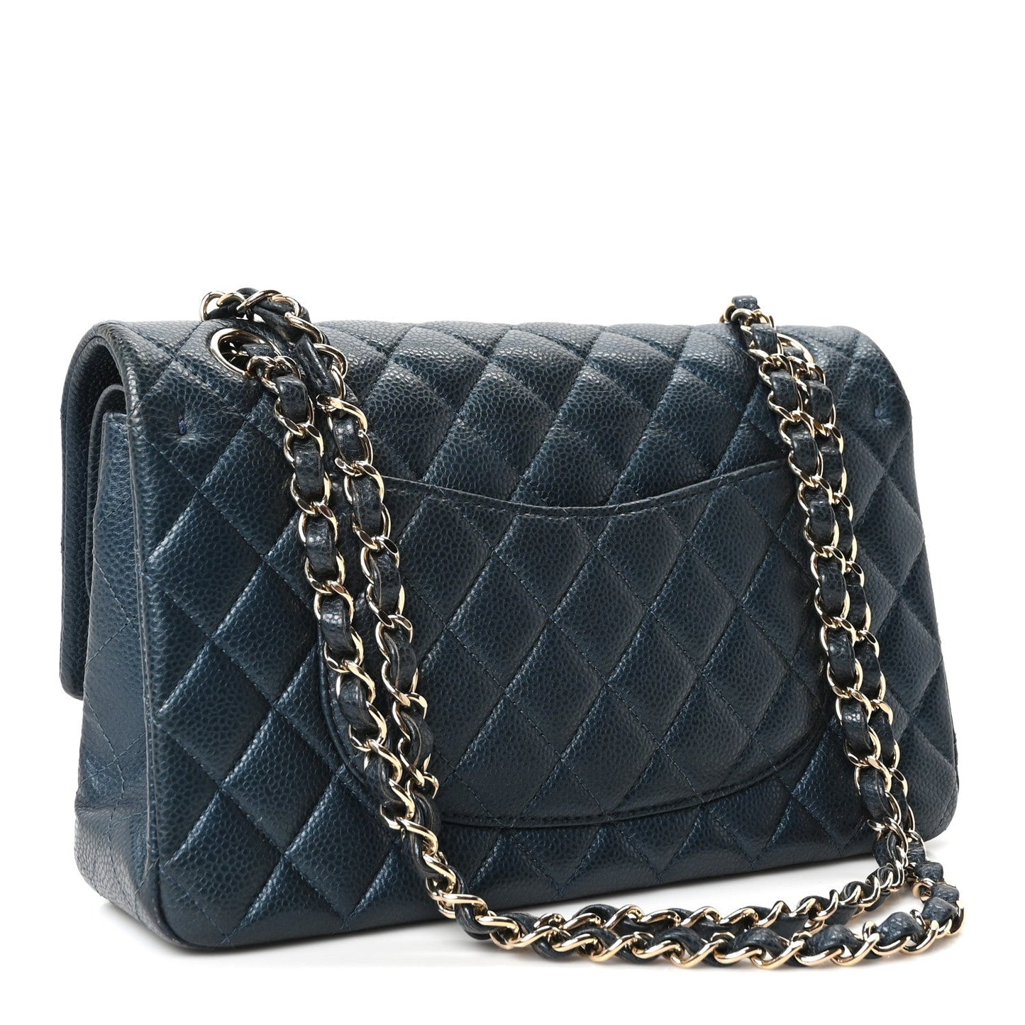 Metallic Caviar Quilted Medium Double Flap Dark Blue