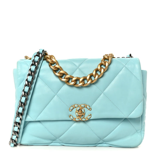 Lambskin Quilted Large Chanel 19 Flap Light Blue