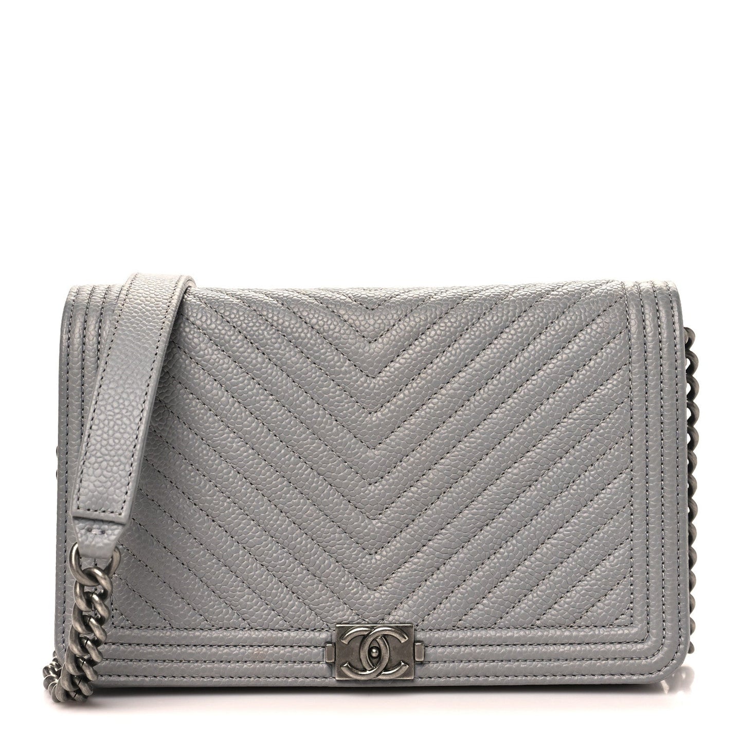 Caviar Chevron Quilted Boy Wallet On Chain WOC Grey