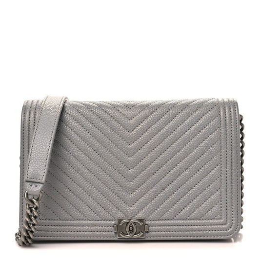 Caviar Chevron Quilted Boy Wallet On Chain WOC Grey