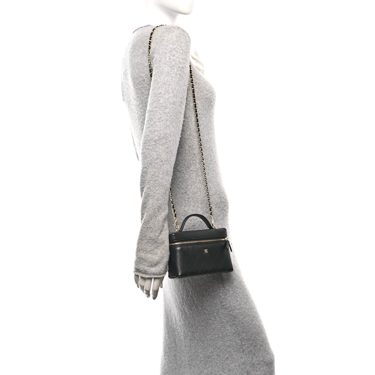 Goatskin Stitched Top Handle Slim Vanity With Chain Black
