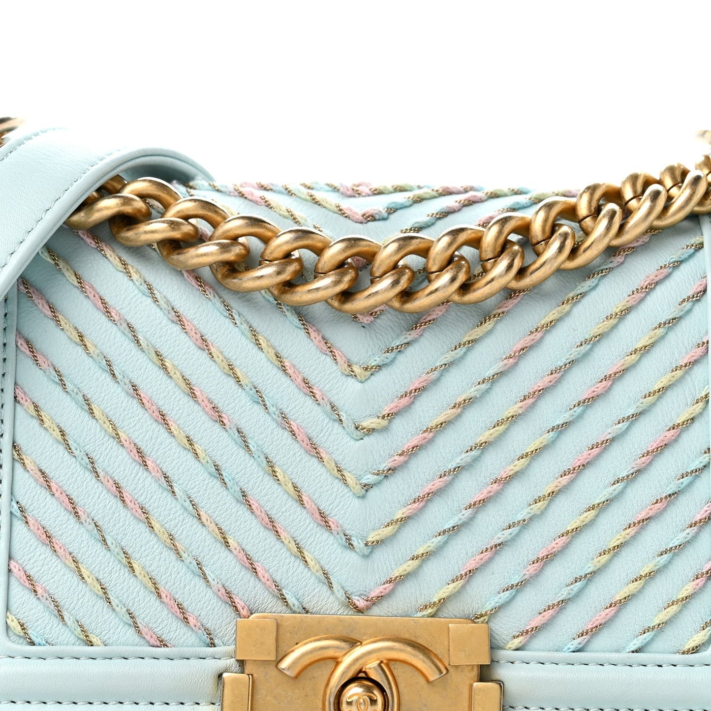 Calfskin Chevron Embroidered Small Boy By The Sea Flap Light Blue