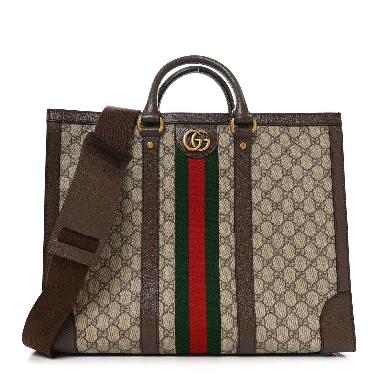 GG Supreme Monogram Textured Dollar Calfskin Web Large Ophidia Tote Bag Beige Ebony