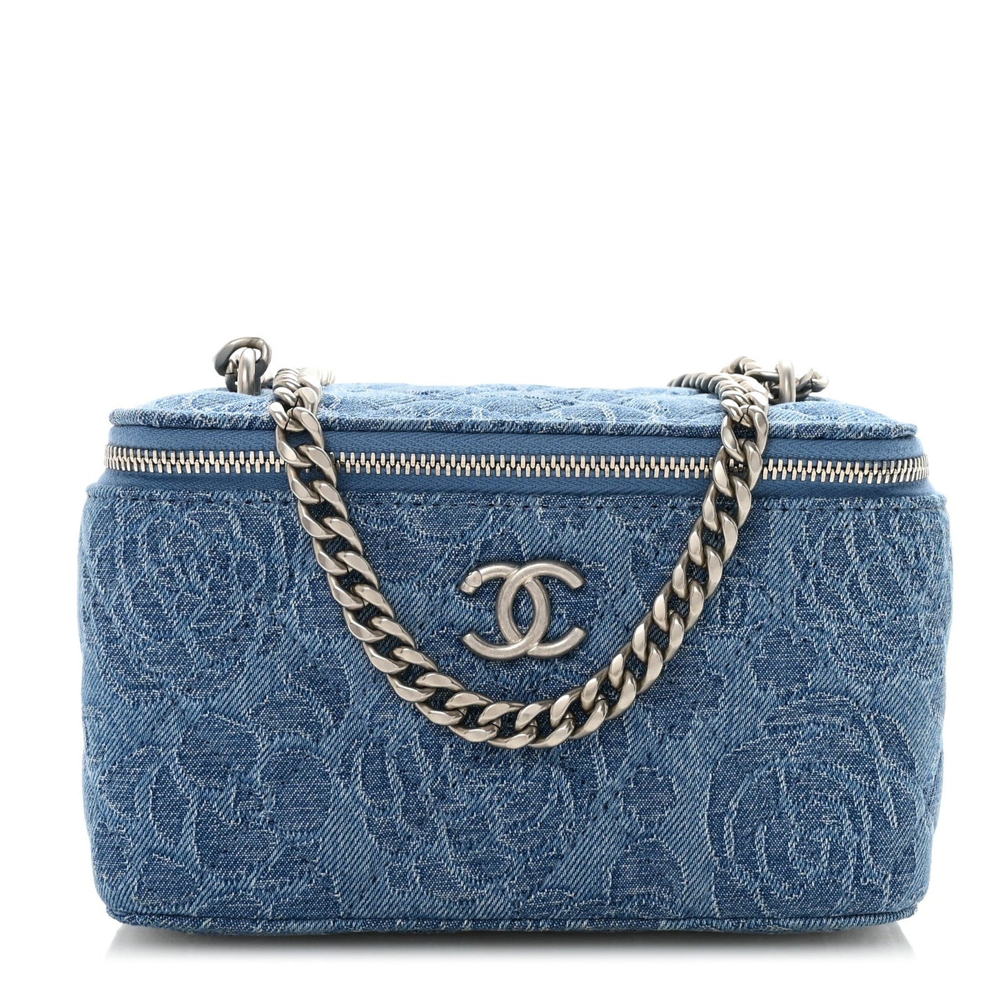 Denim Quilted Sweetheart Small Vanity Case With Chain Blue