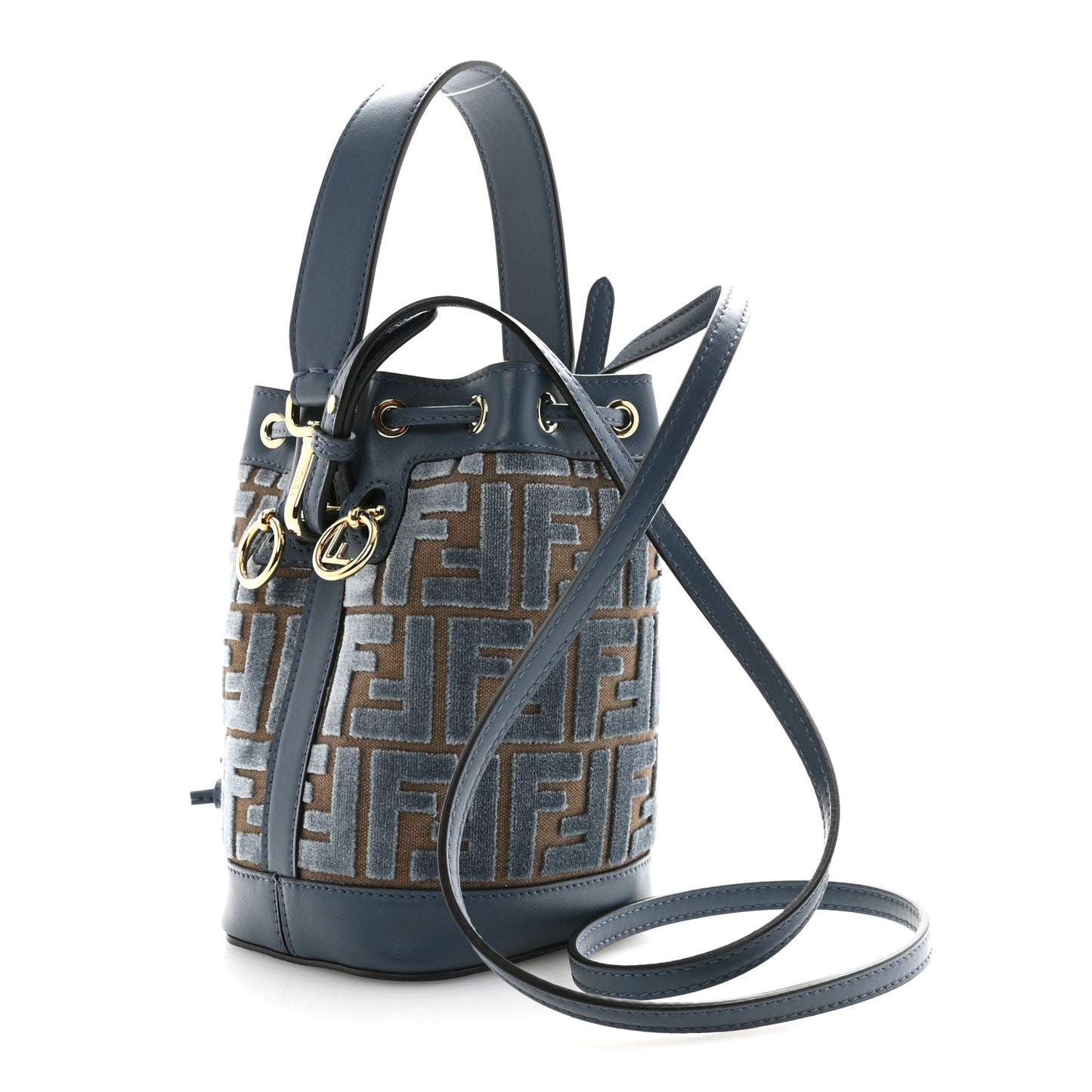 Vitello Grace Velluto FF Mini Mon Tresor Bucket Bag Dusty Blue Brown
