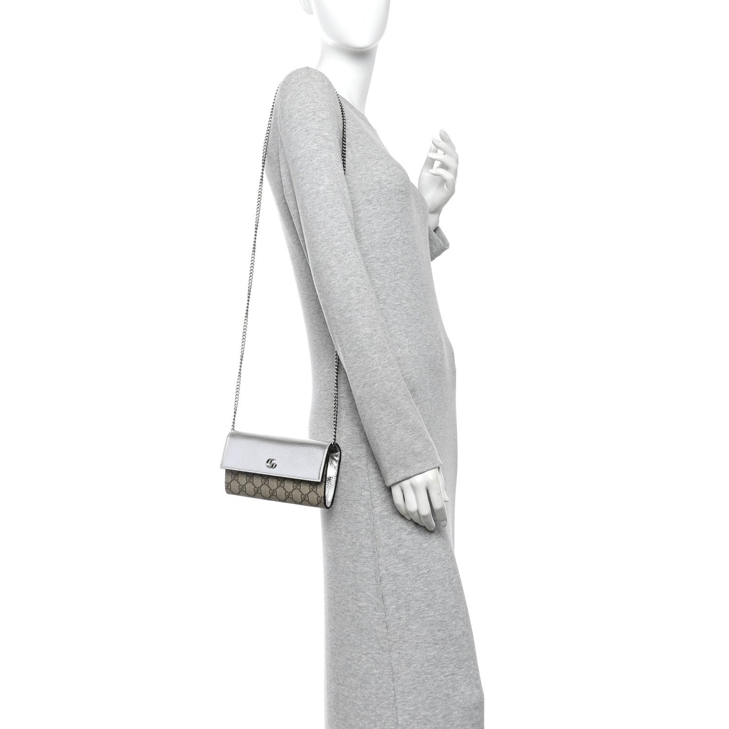 Metallic Calfskin GG Supreme Monogram Petite GG Marmont Wallet Chain Bag Silver Beige Ebony