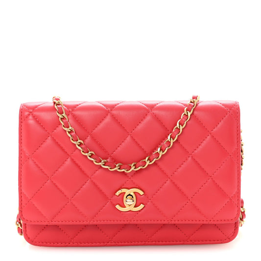 Lambskin Quilted CC Pearl Crush Wallet on Chain WOC Red