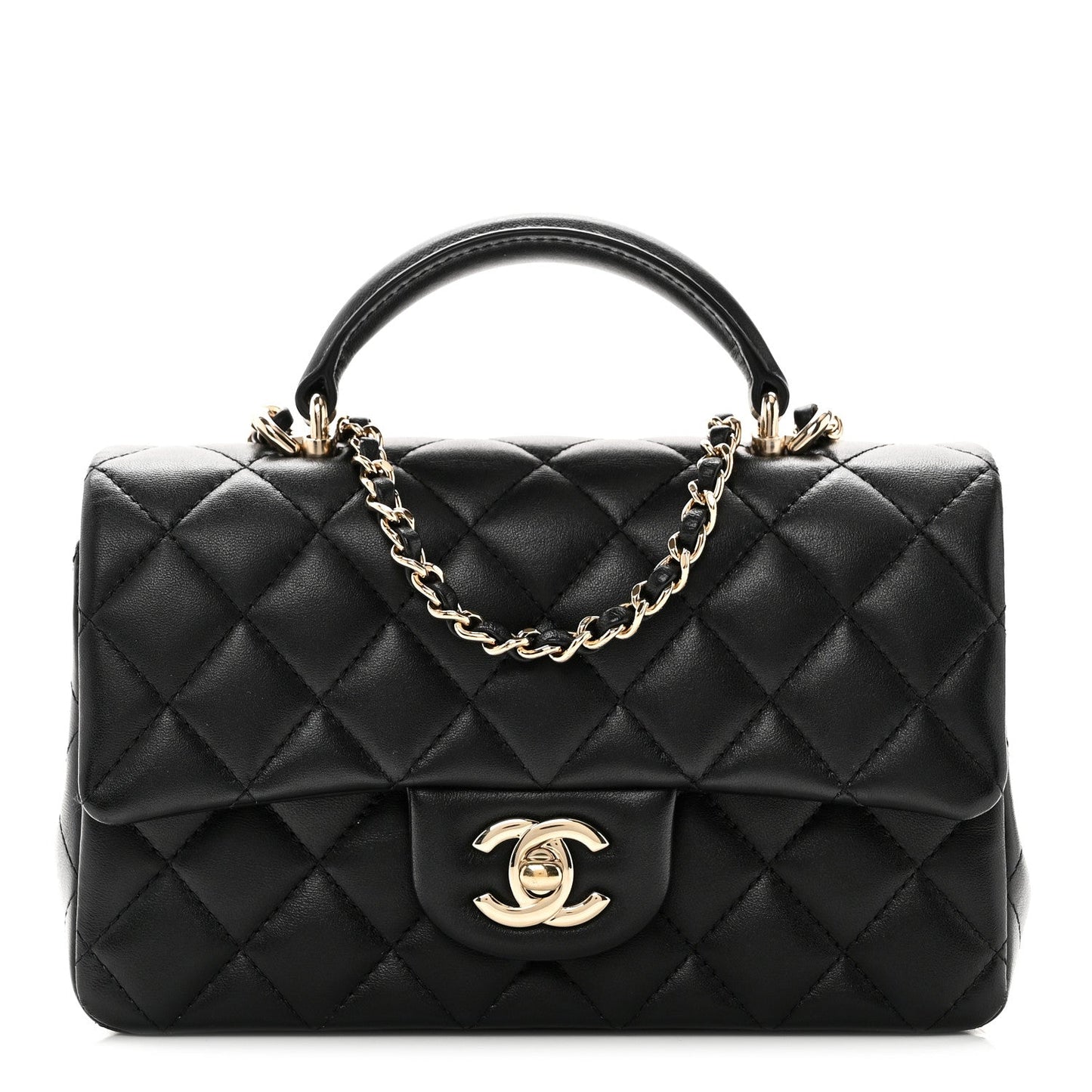 Lambskin Quilted Mini Top Handle Rectangular Flap Black
