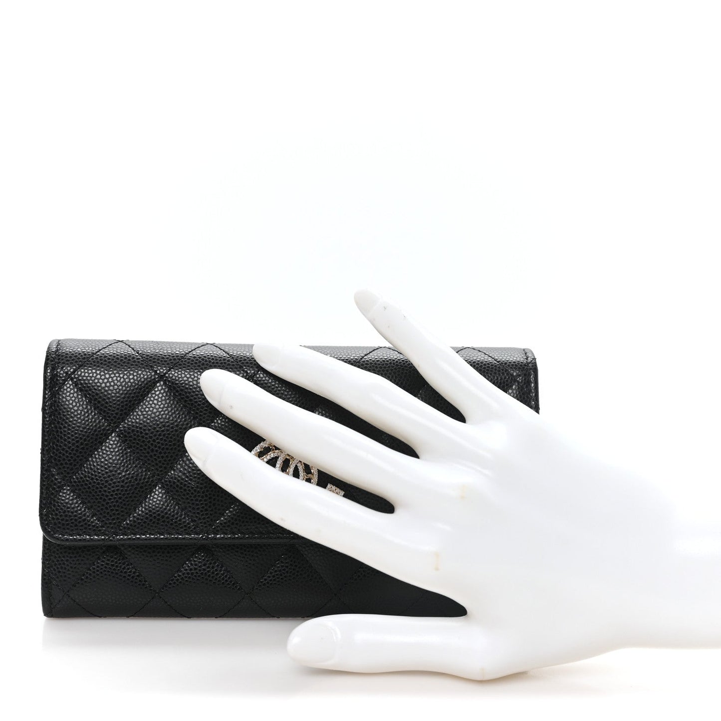 Caviar Quilted Crystal CC Large Gusset Flap Wallet Black