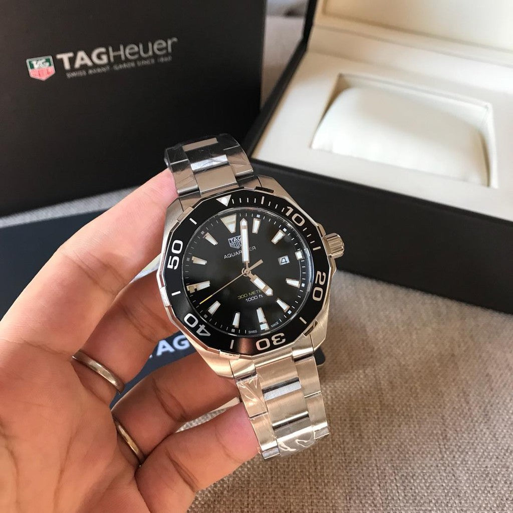 Tag Heuer Aquaracer Quartz Black Dial Silver Steel Strap Watch for Men - WAY101A.BA0746