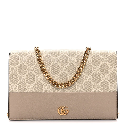 Dollar Calfskin GG Supreme Monogram Mini GG Marmont Chain Wallet Beige White