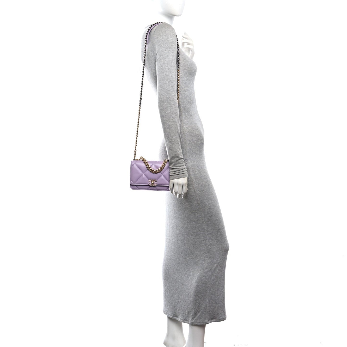 Lambskin Quilted Chanel 19 Wallet On Chain WOC Light Purple