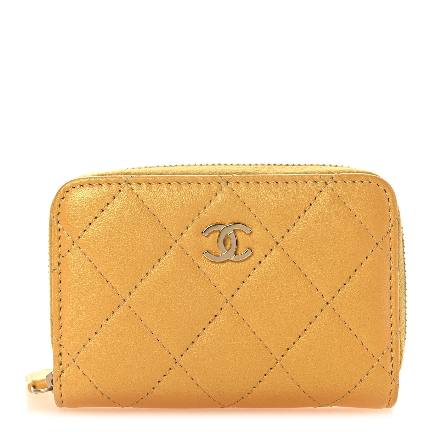 Metallic Lambskin Quilted Zip Around Coin Purse Wallet Yellow