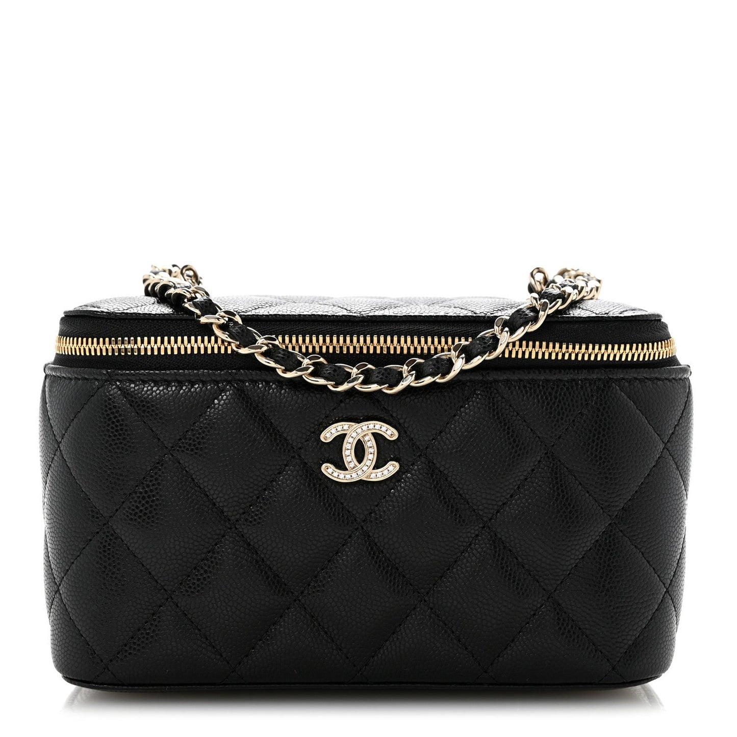 Caviar Quilted Crystal CC Logo Vanity Case With Chain Black