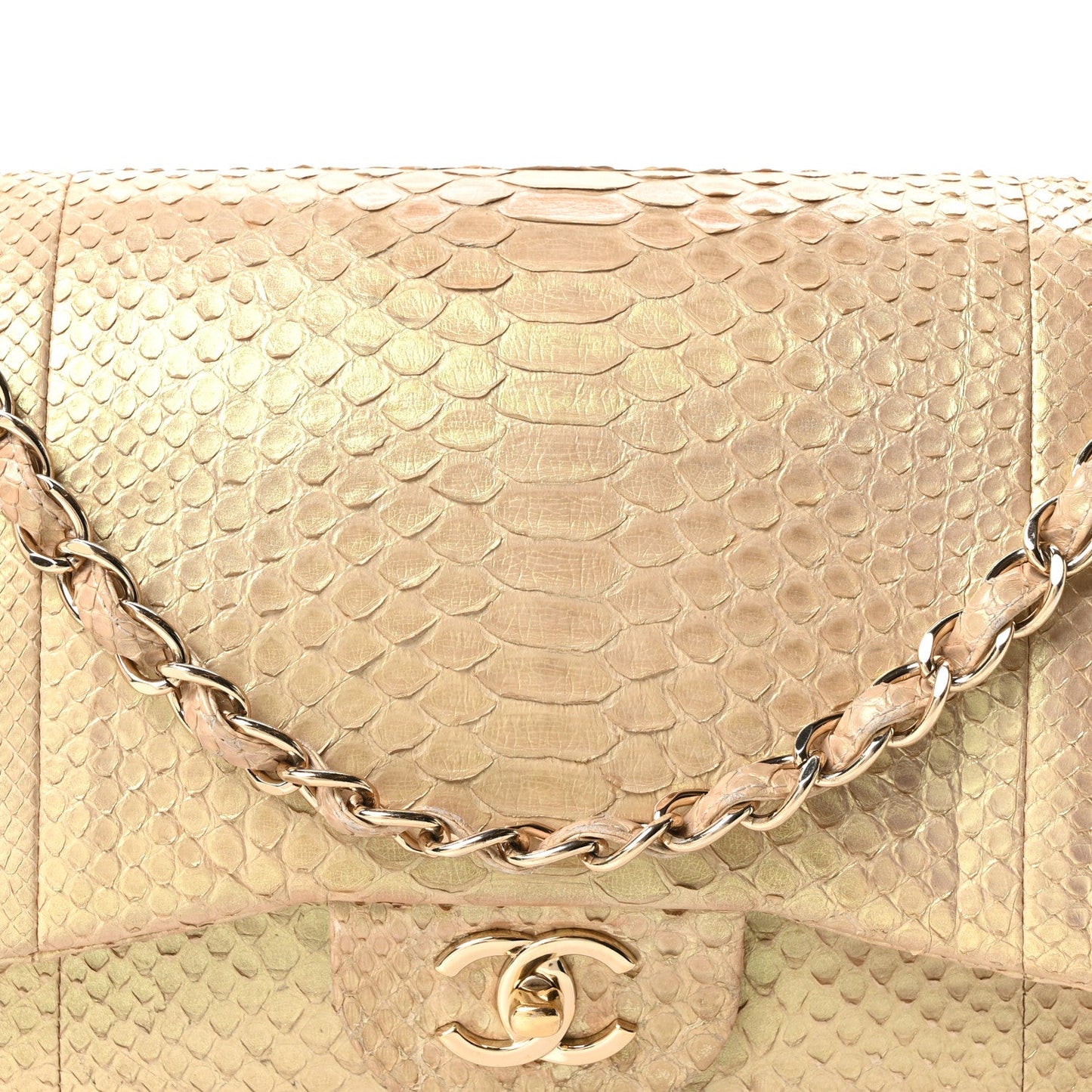 Metallic Snakeskin Jumbo Double Flap Light Beige