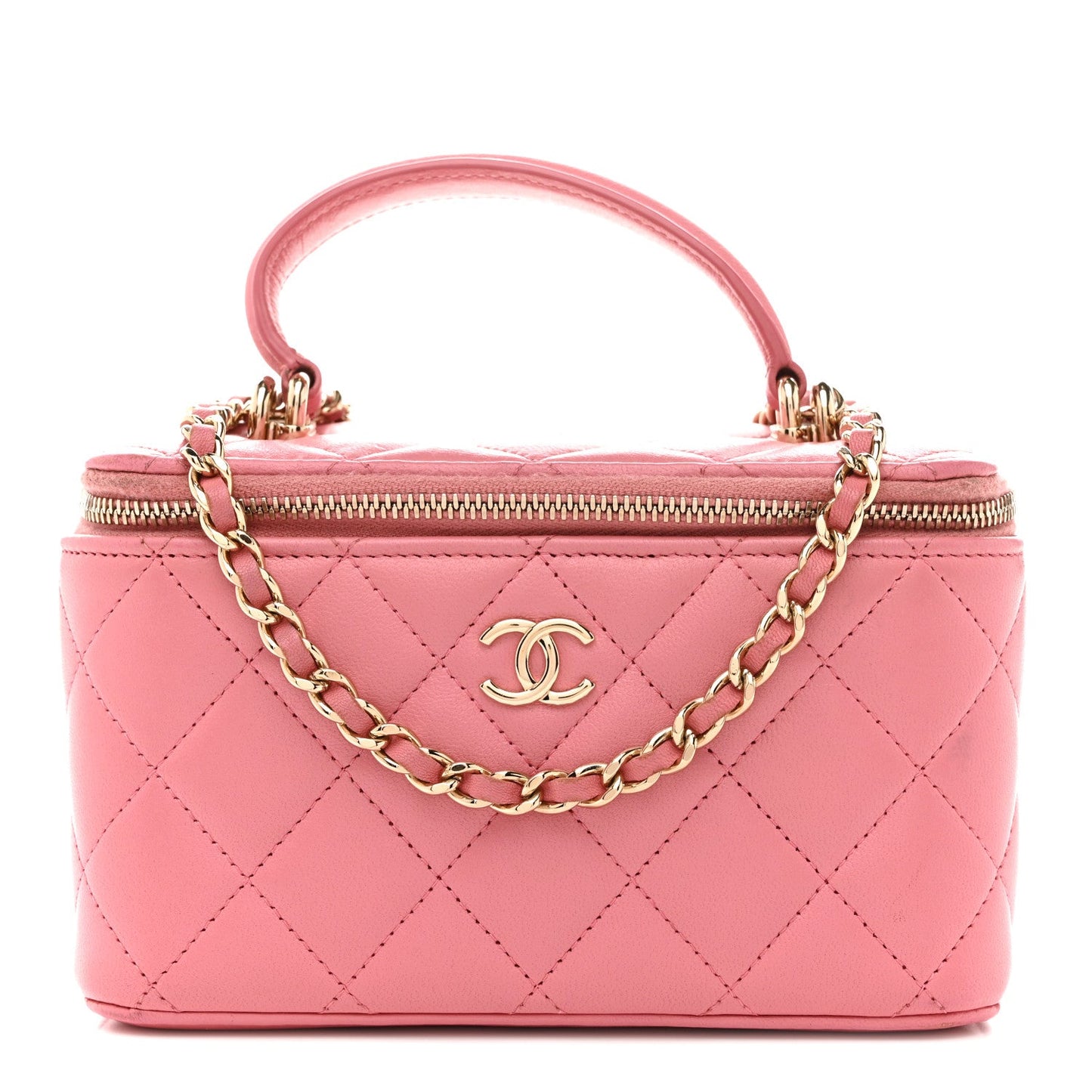 Lambskin Quilted Small Top Handle Vanity Case With Chain Pink