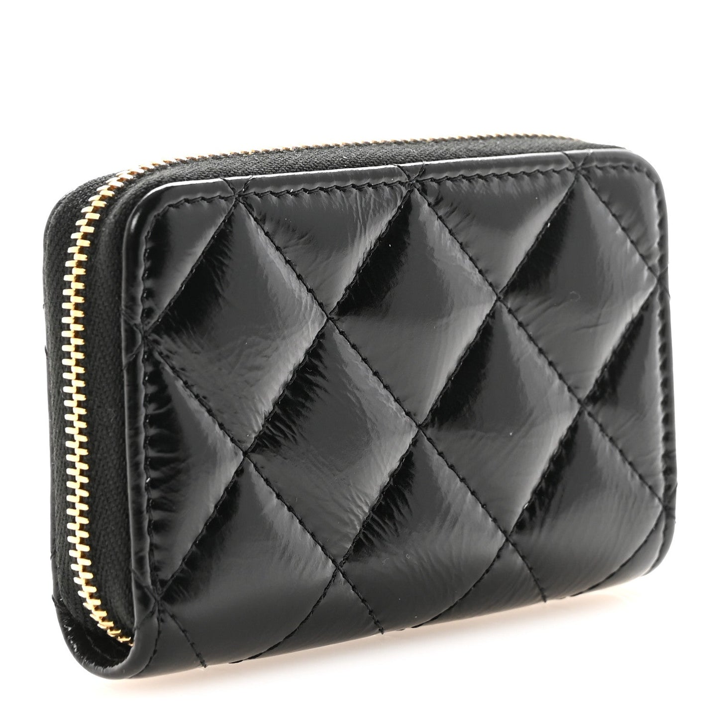 Shiny Lambskin Quilted Textured CC Zip Coin Purse Black