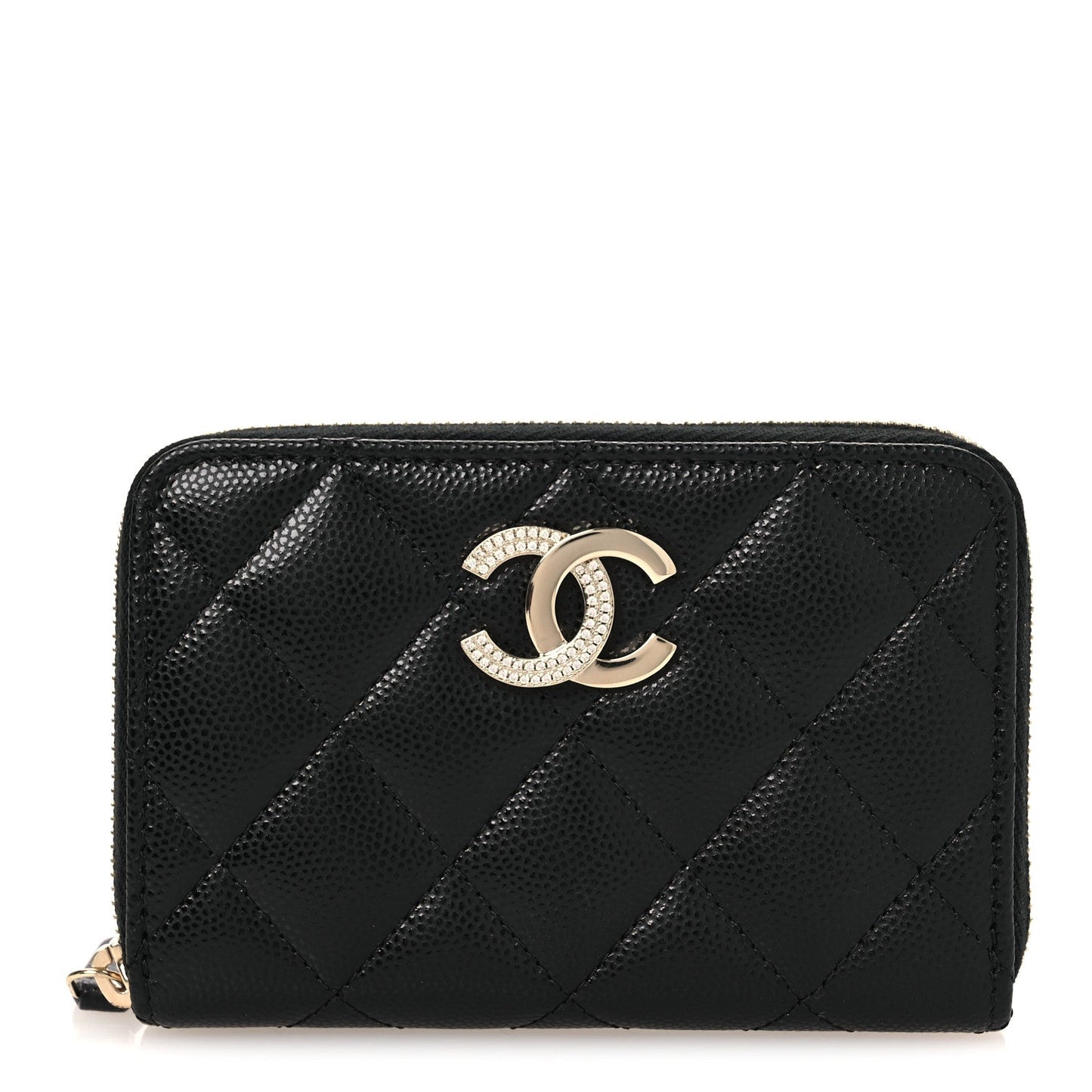 Caviar Quilted Crystal Zip Around Coin Purse Wallet Black
