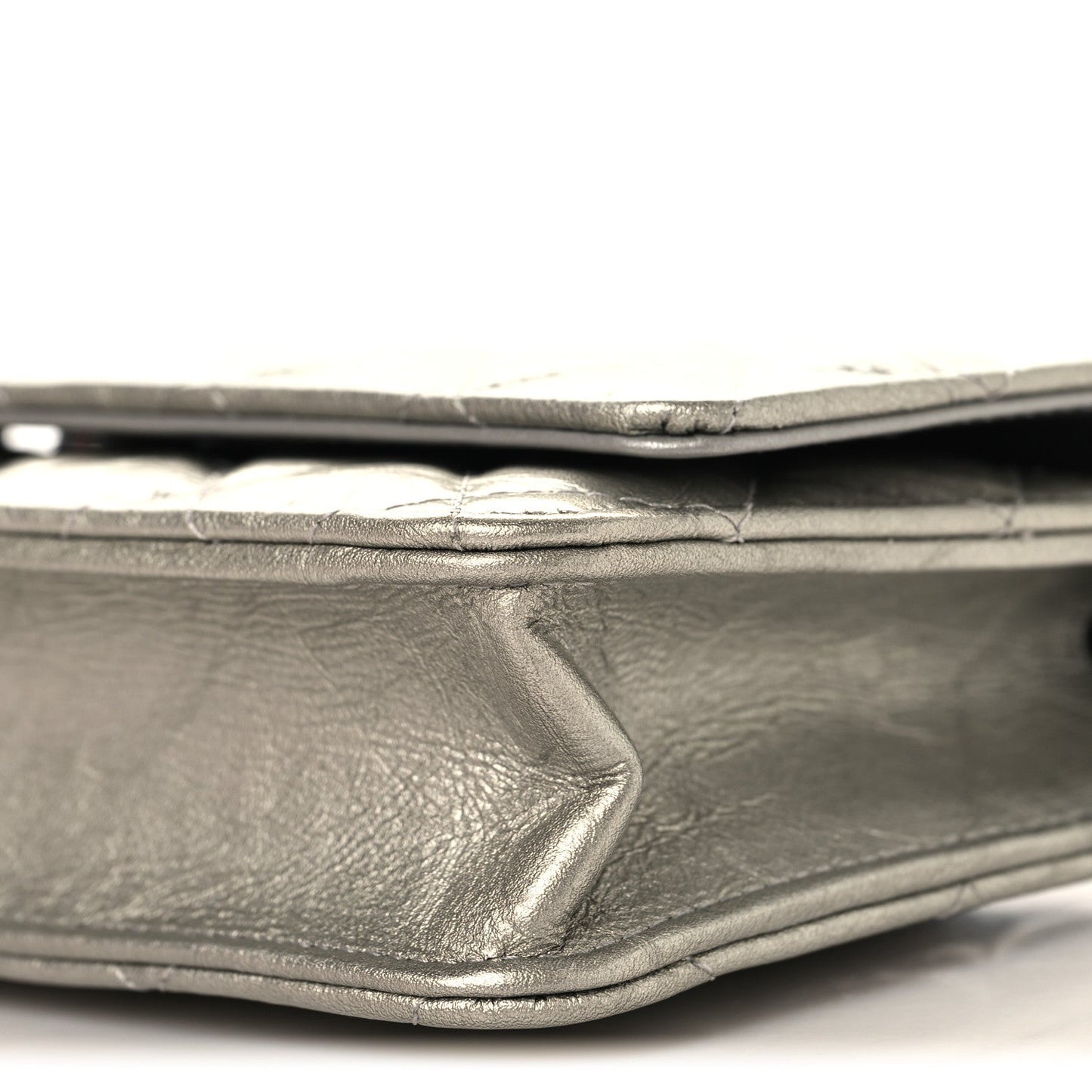 Metallic Crumpled Calfskin Quilted Flap Charm Wallet On Chain WOC Silver