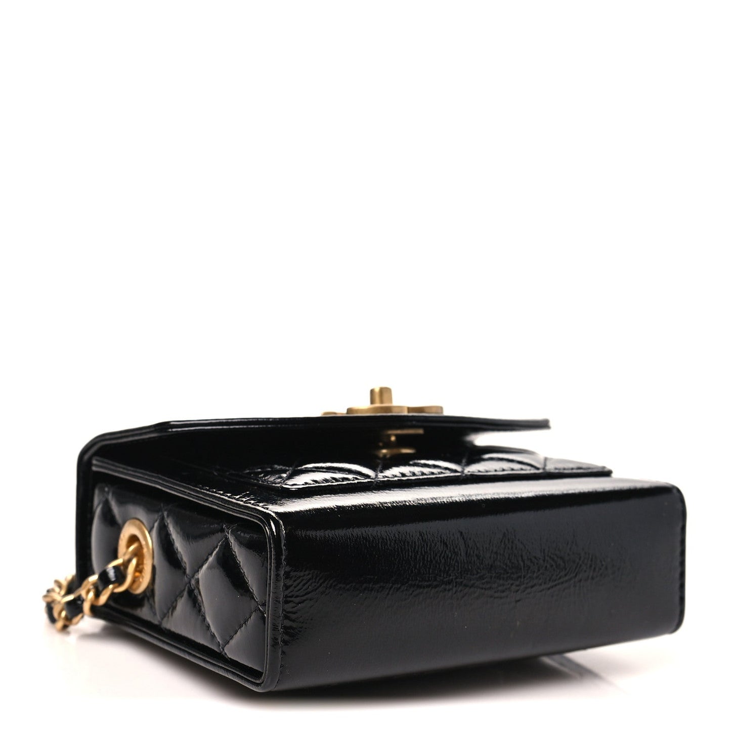 Shiny Lambskin Quilted Top Handle Card Holder On Chain Black