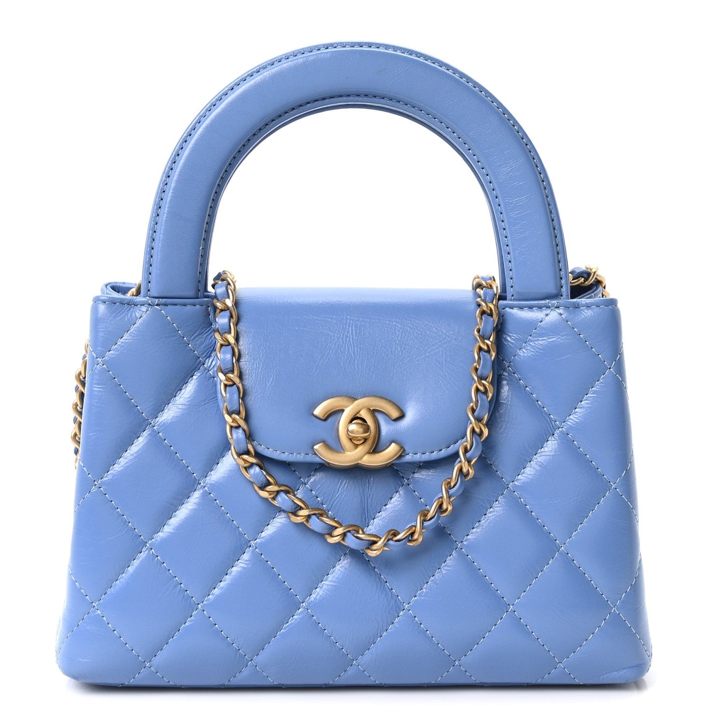 Shiny Aged Calfskin Quilted Nano Kelly Shopper Blue