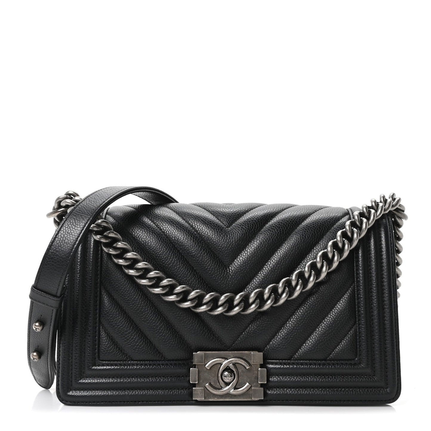 Caviar Chevron Quilted Medium Boy Flap Black