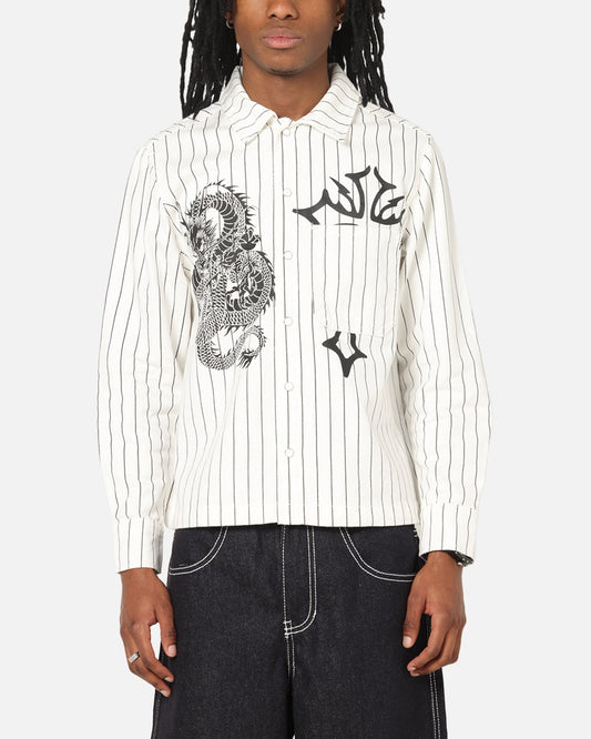 Ed Hardy Euro Button Up Shirt White Pinstripe