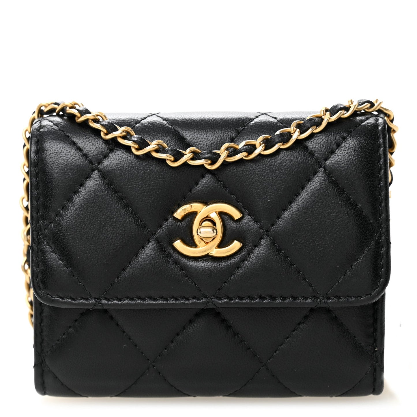 Lambskin Quilted Pearl Crush Card Holder With Chain Black