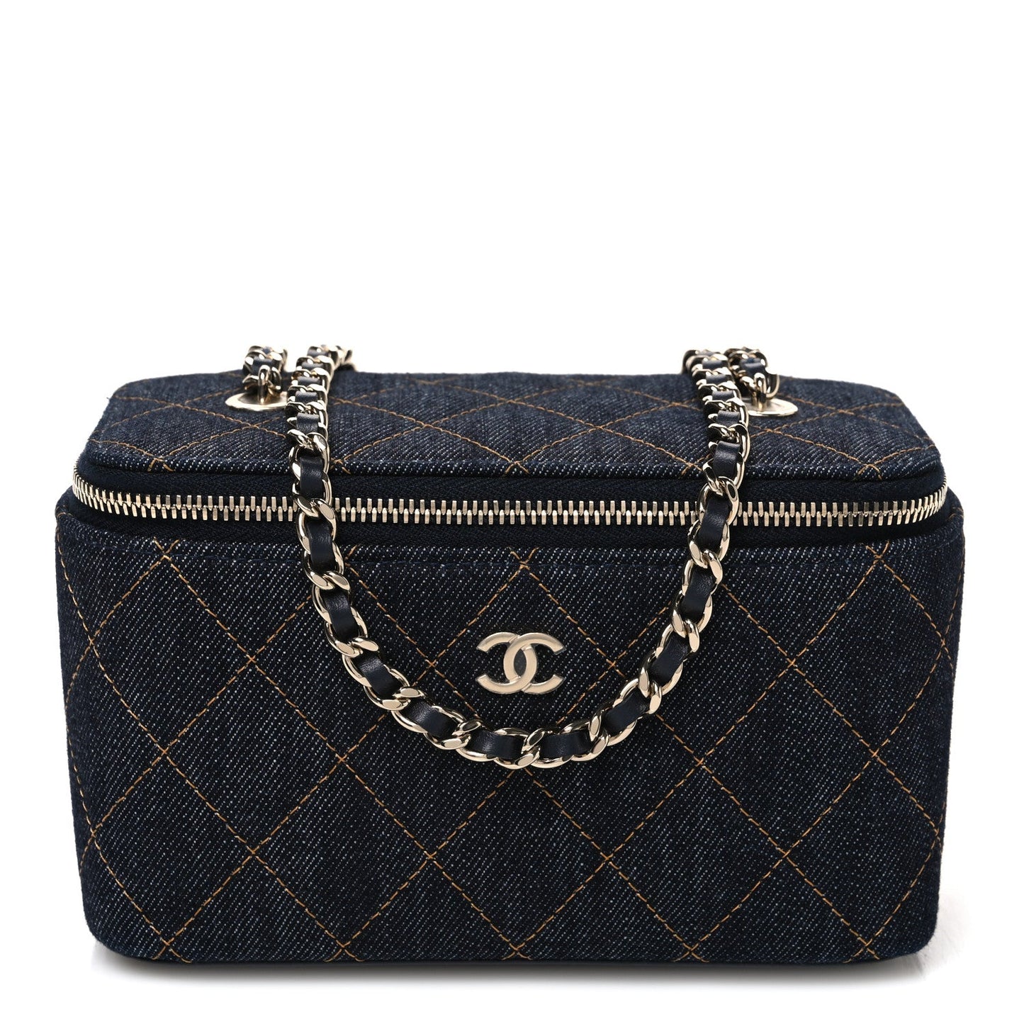 Denim Quilted Small Vanity Case With Chain Dark Blue Orange