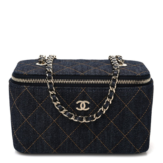 Denim Quilted Small Vanity Case With Chain Dark Blue Orange