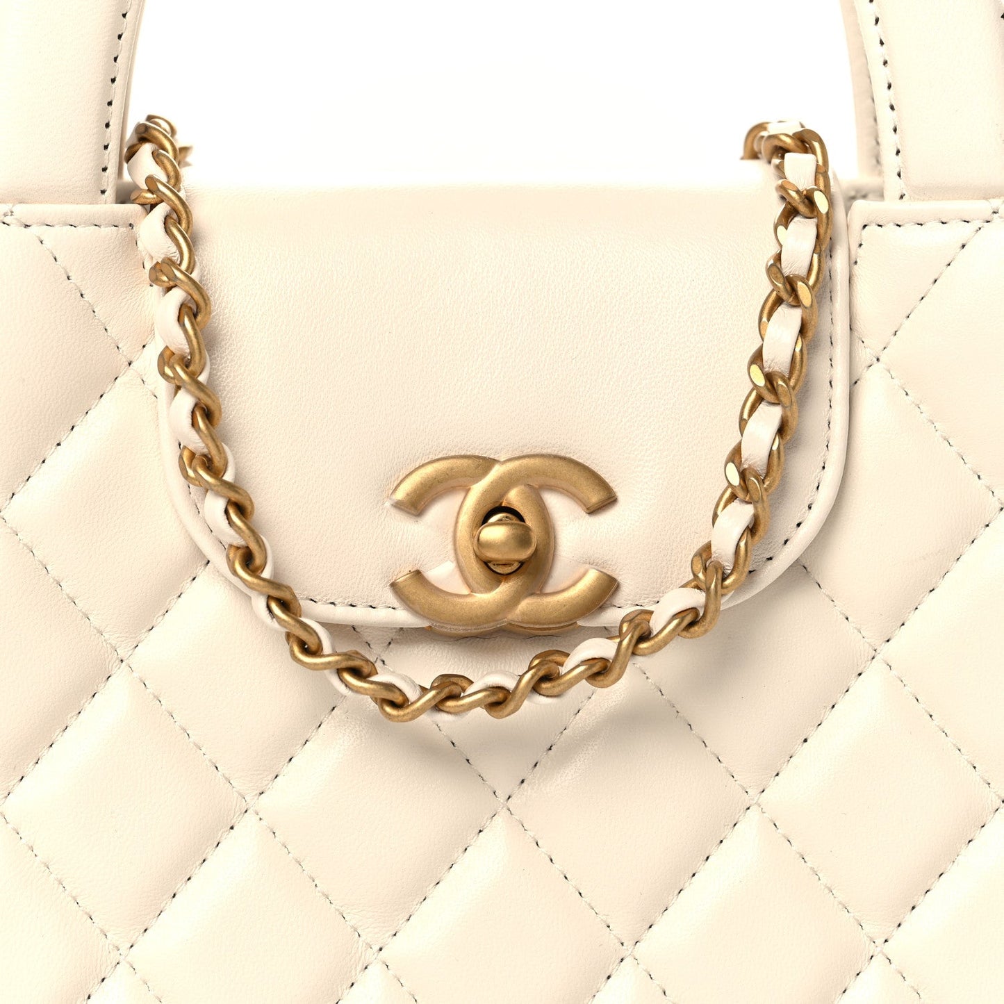 Shiny Aged Calfskin Quilted Nano Kelly Shopper White